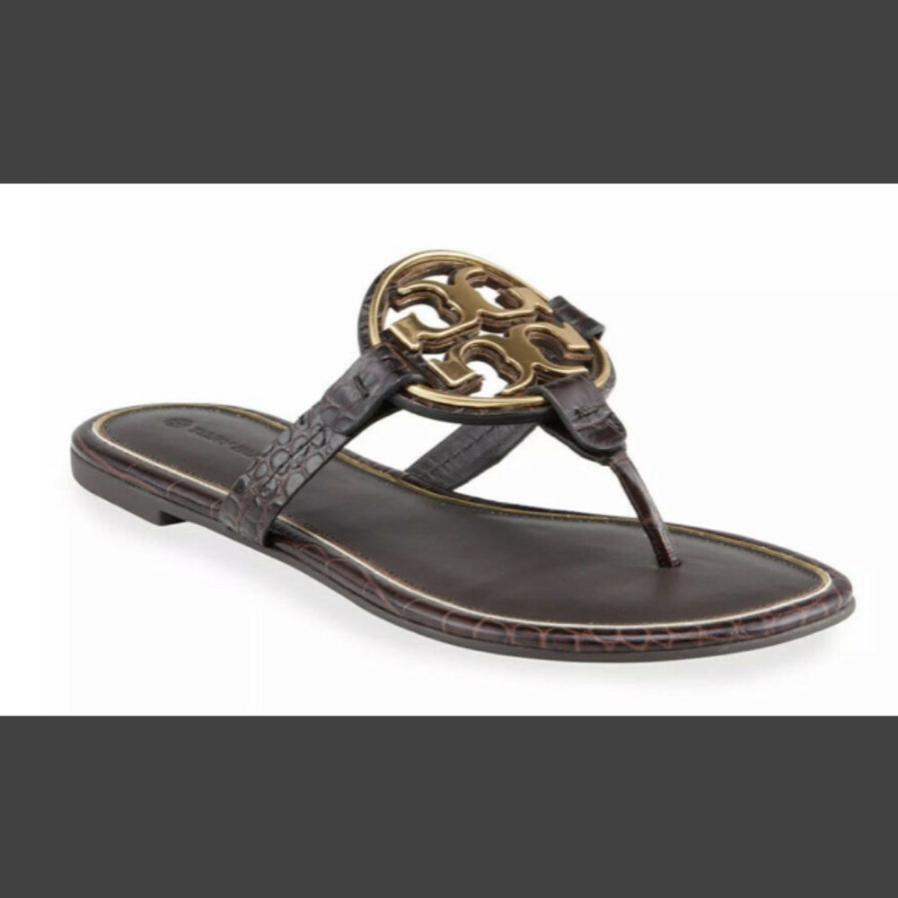 Tory Burch Miller Sandal Dark Brown Croco Embossed Leather US Size 8B